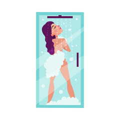Young Naked Woman Standing in Shower Unit and Washing Vector Illustration