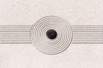 Fototapeta na wymiar Zen raked sand and black stones japanese garden