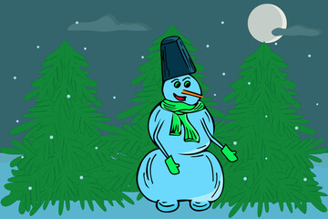 New Year card with a snowman and fir trees.