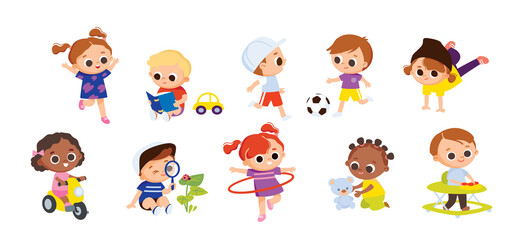 Set of babies kids characters doing activities. Children playing. Kids play football soccer. Girl rides a bicycle. Boy reading a book. Girl dancing street break dance.Boy walks in baby walker.