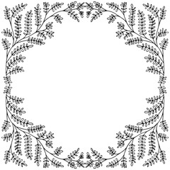 Elegant wild meadow grass line art floral frame. Hand drawn ornamental leaves on white background with space for copy text. Modern geometric botanical design. Black and white illustration.