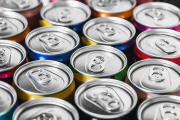 metal aluminum cans for Cola, beer, energy drinks and mineral water. Background of aluminum cans
