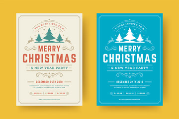 Christmas party flyer event vintage typography and decoration elements vector illustration