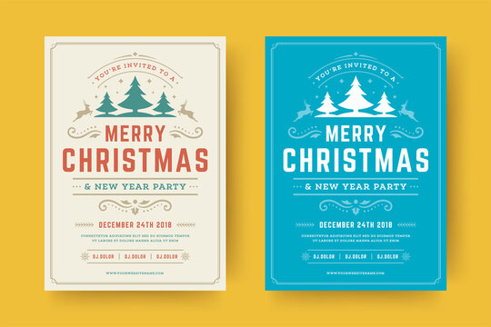 Christmas party flyer event vintage typography and decoration elements vector illustration