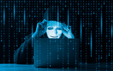 Hacker and malware concept. Dangerous Hooded hacker man using laptop with binary code digital interface.