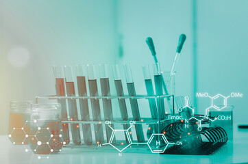 Test tube and science experiments with glycine icon,Laboratory glassware containing chemical liquid,