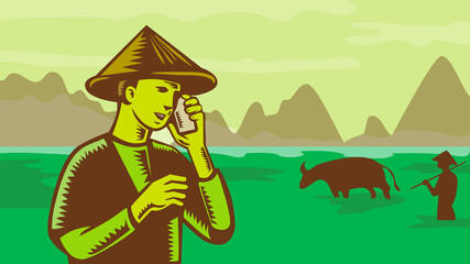Vietnamese Southeast Asian Farmer Using Mobile Phone in Farm WPA Retro