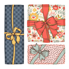 Gift wrap with bow. Set templates. Freehand drawing. Can be used for scrapbook, print and etc.