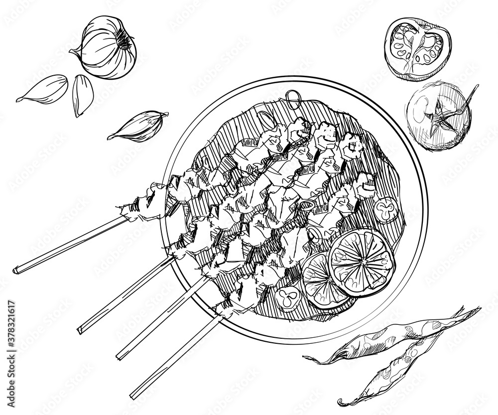 Wall mural satay meat lamb chicken grill asian food hand drawn sketches white isolation background with flat st