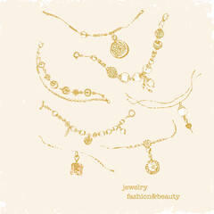 Hand drawn golden jewelry with gems and pearls