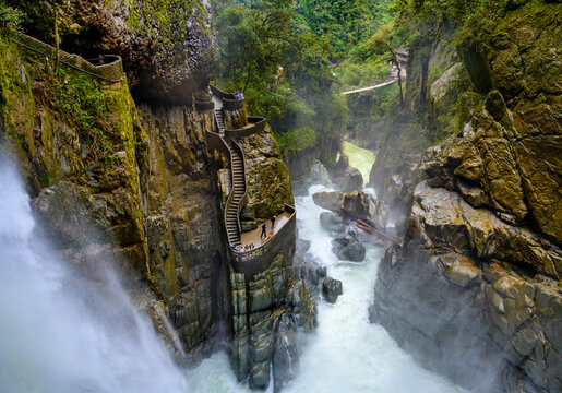 Aerial view of Del Diablo waterfall in Banos, Ecuador.