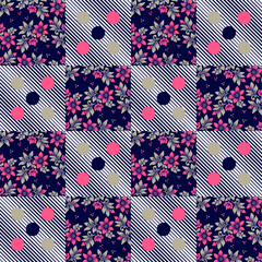 Bright multicolored seamless pattern with flowers on gingham background. Repeat abstract floral pattern. Vector illustration.