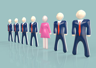 Female entrepreneur in pink dress standing in row of men in suits during work in business sphere