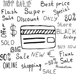 Vector illustration of a credit card or cashless payment card with space for text in the Doodle style. Words on the topic of sales, trade, purchases, sales. Can be used for fabric, textiles, paper
