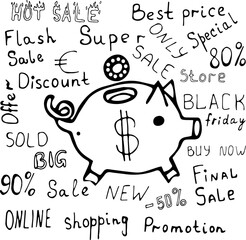 Vector illustration of a piggy Bank as a pig with a coin and dollar sign with space for text in Doodle style. Words on the topic of sales, trade, purchases, sales. Can be used for fabric, textiles