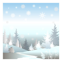 Christmas postcard with winter fir forest. Festive banner.