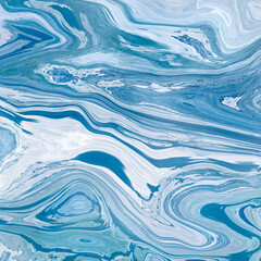 Blue marble texture, ebru oriental technique, modern art, mixed acrylic paint streaks