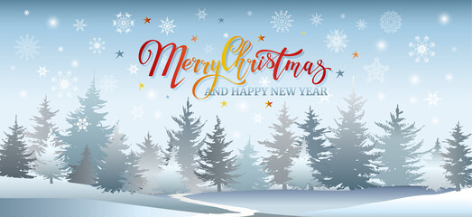 Merry Christmas postcard with fir forest and inscription Merry Christmas.