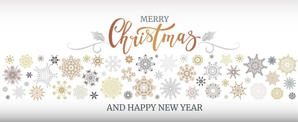 Fototapeta na wymiar Christmas banner template with colorful snowflakes and lettering inscription.