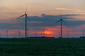 Obraz premium Wind turbines / wind mills/ wind power with high power wires / lines partially silhouetted by a sun rise / sunset. Flat midwest farm fields for foreground.