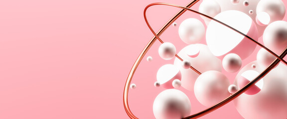Abstract pink background with dynamic 3d spheres.Flying geometric and pink bubbles.illustration of luxury balls.Modern trendy banner or poster design for business.
