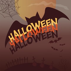 Happy Halloween postcard banner or party invitation background with clouds, bats. Full moon in the sky