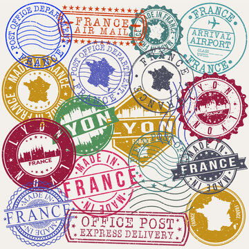 Lyon France Set of Stamps. Travel Stamp. Made In Product. Design Seals Old Style Insignia.