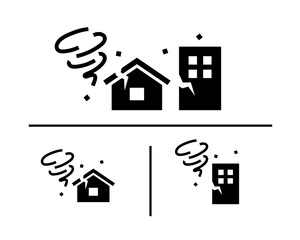 台風、竜巻、突風のアイコンのセット／建物／家／強風／嵐／自然災害／大雨／豪雨／天気／渦巻／被害／