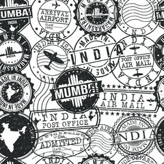 Fototapeta premium Znaczki Mumbai India. Sztuka wektor znaczek miasta. Paszport pocztowy. Projekt zestawu wzorców.