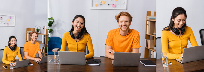 collage of interracial freelancers working on laptops and looking at camera at home, horizontal crop