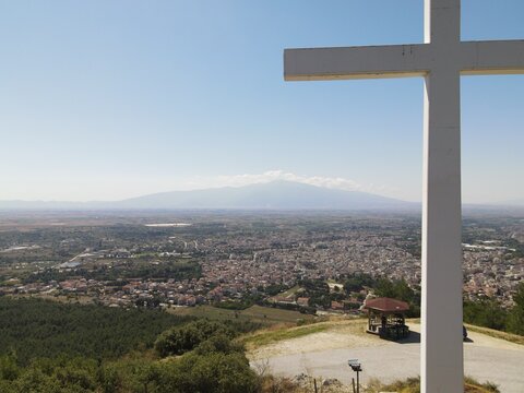 Aerial drone photo over the city of Drama, Northern Greece
