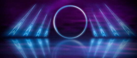 Dark empty stage with neon light, glowing circle in the center.