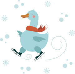 Vector illustration of a cute goose in a red scarf skating in the snowfall. 