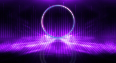 Dark empty stage with neon light, glowing circle in the center.