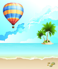 Fototapeta na wymiar Picturesque tropical island beach scene with hot air balloon 