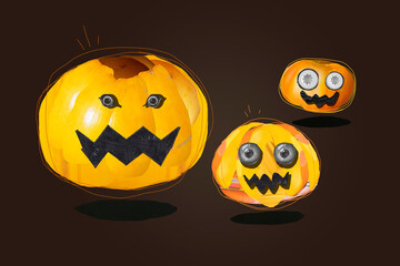 Funny and terrifying Halloween pumpkins, created with photo collage technique, can be cut out with the vector stroke included in the image.