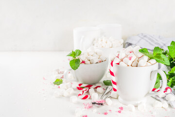 Homemade Peppermint Hot Chocolate. Two cup of hot cocoa drink, with mint, marshmallow and candy...