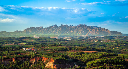 Penedes wine region with Montserrat mountains in the background. Catalonia, Spain