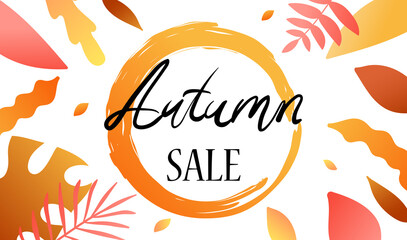 Autumn sale template, banner design, flyers, web banner, card, poster.Background with leaves. Autumn promotions, discounts and sales.Vector illustration