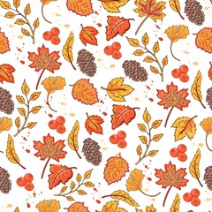 Fall season sealess pattern design on white background. Botanical art. Autumn leaves. Fashion print.