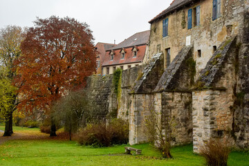 Fototapeta na wymiar Fortification stone town wall around the medieval Rothenburg ob der Tauber, Bavaria, Germany. November 2014