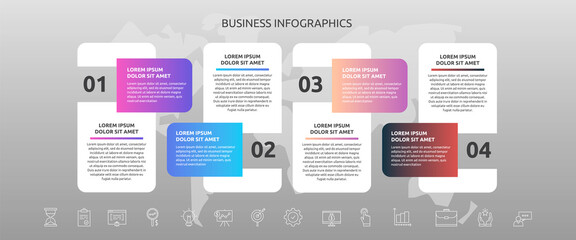 Infographics rectangle with 4 steps, icons. Vector template used for diagram, business, web, banner, workflow layout, presentations, flowchart, info graph, timeline, levels, chart, processes diagram