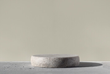 Monochrome gray template for mockup, banner. Flat round granite pedestal on textured background....