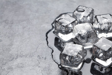 Ice cubes and water drops