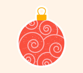 Bright red Christmas tree bauble or ball decorated with swirls for the holiday season over a pastel background, colored vector illustration