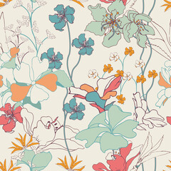 Oriental seamless floral pattern. Hand-drawn tropical flowers in pastel colors. Vector illustration eps 10