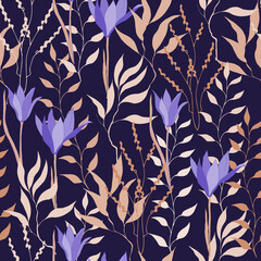 Autumn textile pattern with bright purple flowers on a dark background. Vector seamless floral print for fabric, home textiles, bed linen.