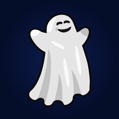 Friendly ghost flat vector illustration, happy cute face for Halloween.