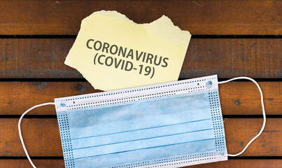 Surgical Face Mask and paper with words Coronavirus, Covid-19  on wooden table