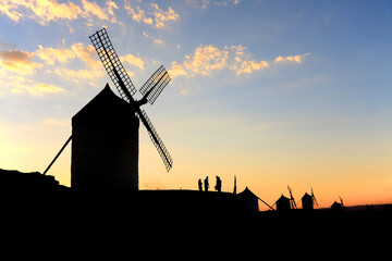 Silhouette of a traditional Spanish windmill near the village of Consuegra, Toiedo, Spain.